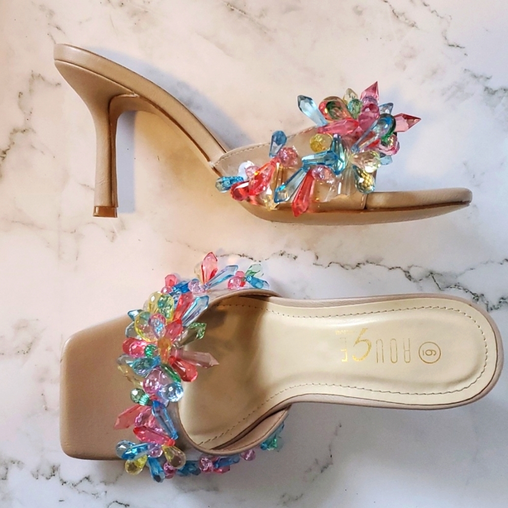 Spike Crystal Heels,Beige, 6 - Picture 4 of 5